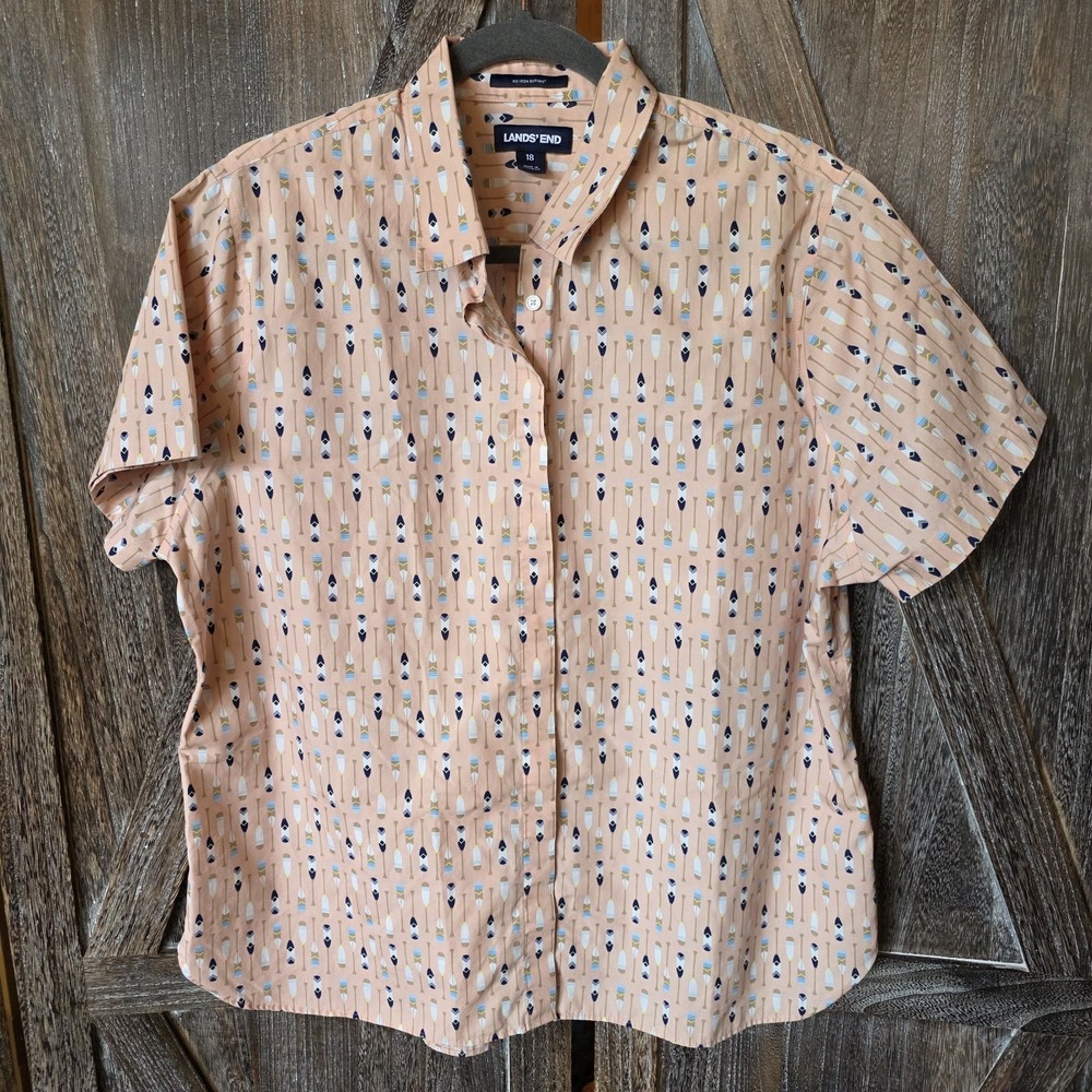 Lands' End Shirt Women's Size 18 Peach Oar Paddle Pattern Button Up Short Sleeve